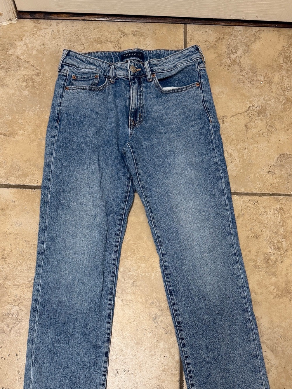 Aeropostale Women’s Mid Rise Straight Jeans - Medium Blue Wash, Size 6